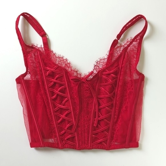 Other - Dainty Sheer Lace & Mesh Adjustable Cropped Bustier Bralette Corset Top Red S
